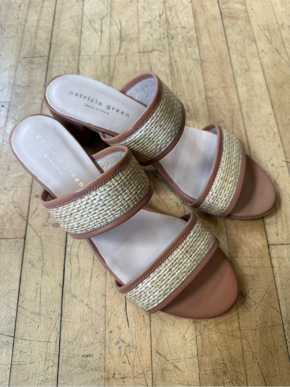 PATRICIA GREEN Rafia Leather Block Heeled Sandal Cognac Heel Beachy Minimal 8 - Picture 3 of 12